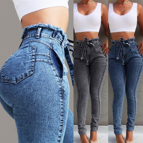 2019 hot women's jeans slim elastic fringe belt high waist jeans women