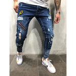 3 Style hommes déchiré Jean de motard maigre détruit effiloché impression broderie coupe mince Denim pantalon Jean