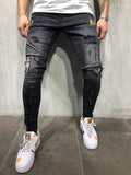 3 Style hommes déchiré Jean de motard maigre détruit effiloché impression broderie coupe mince Denim pantalon Jean