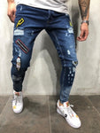 3 Style hommes déchiré Jean de motard maigre détruit effiloché impression broderie coupe mince Denim pantalon Jean